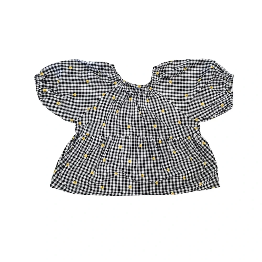 Old Navy Black White Gingham Daisy Embroidered Puff Sleeve Babydoll Top Large